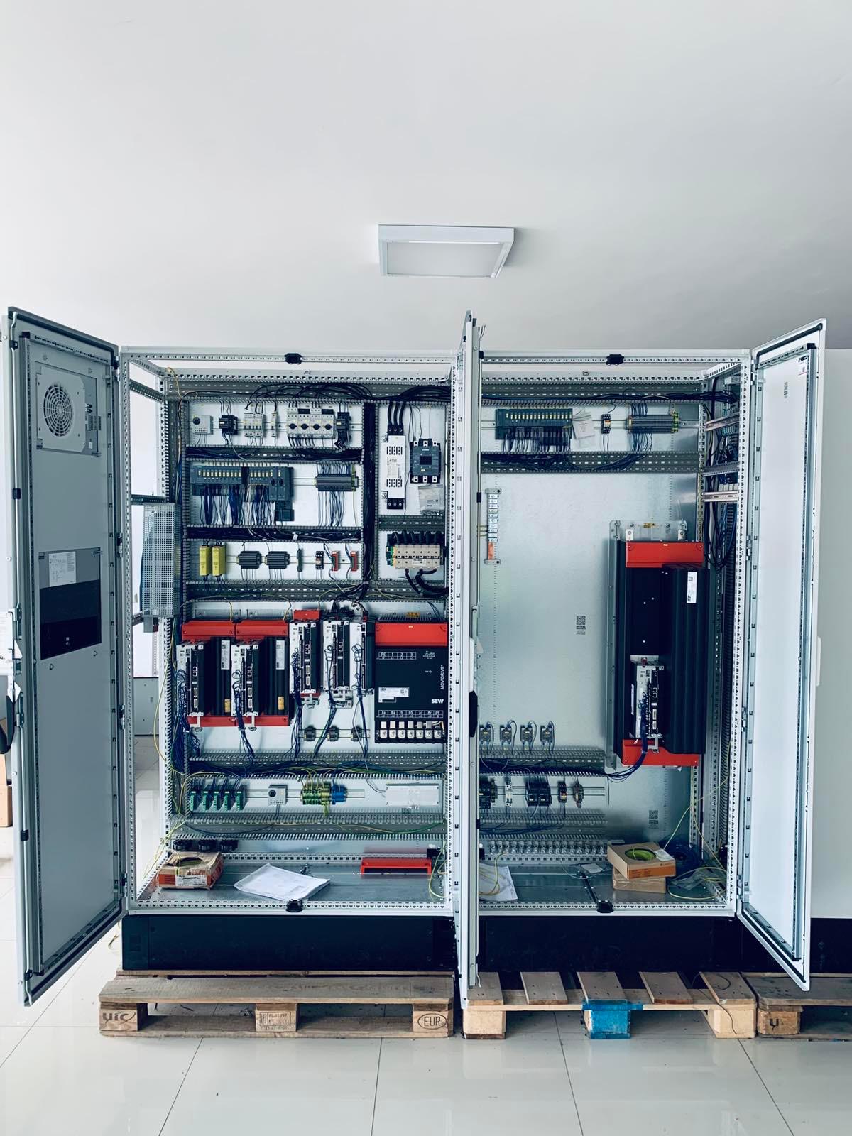 Twin industrial control cabinets — front view